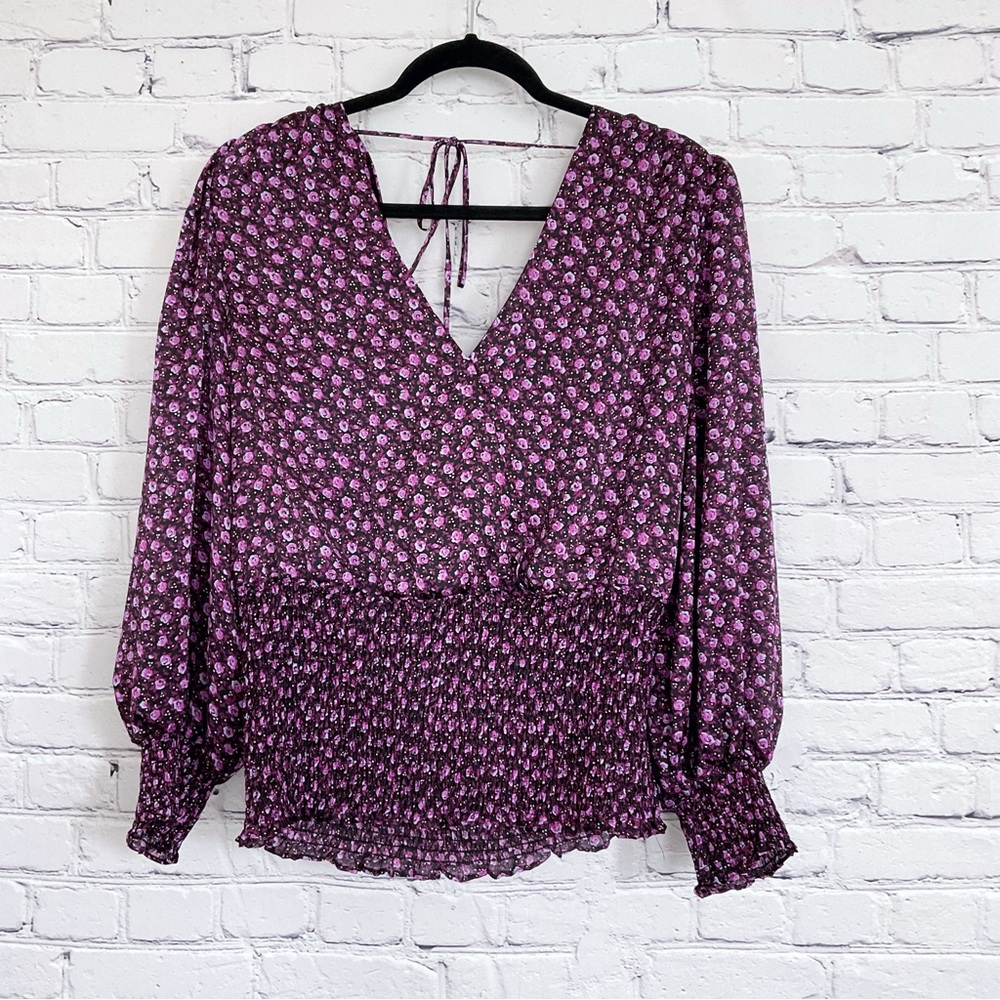 New Leyden Purple Floral Surplice Blouse Open Drape Back Size XL